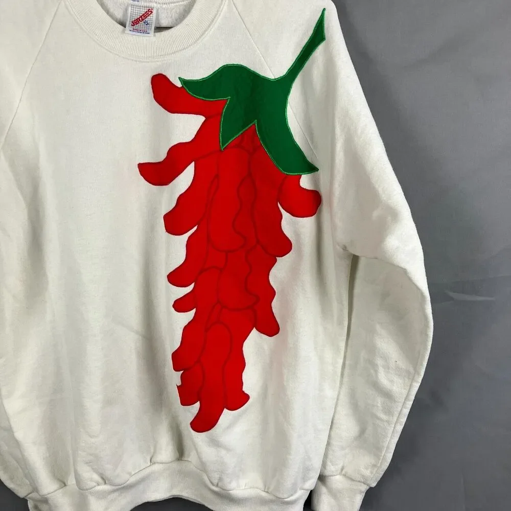 Jerzees Sweatshirt Adult XL White Red Chili Pepper Embroidered Vintage 90s READ